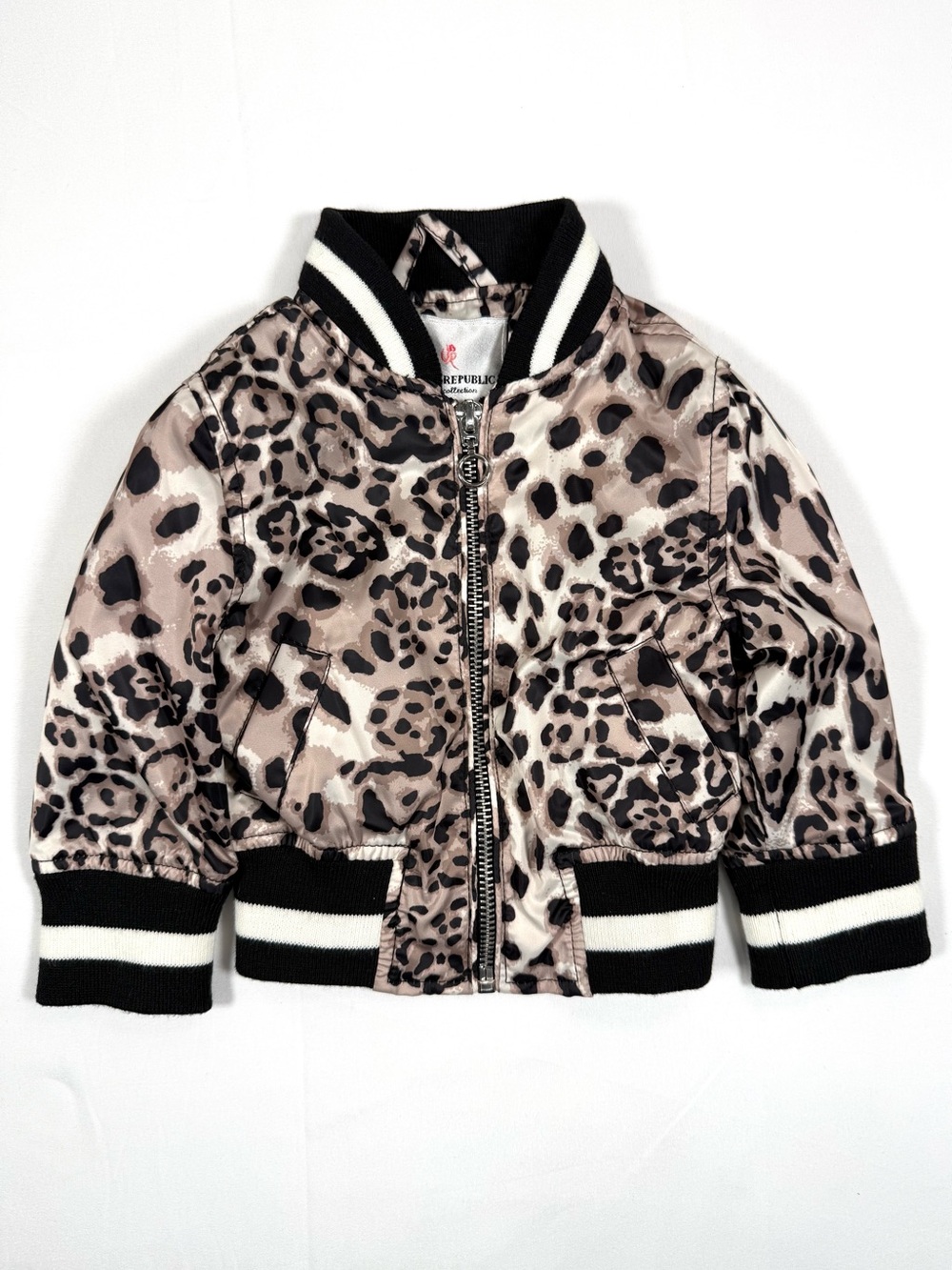 URBAN REPUBLIC Girls Leopard Sateen Bomber Jacket 3-6M Streetwear Varsity Chic